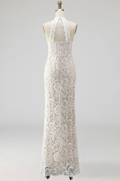 White Mermaid Lace Floral Long Wedding Reception Dress