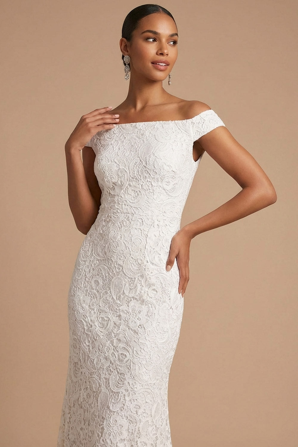 White Mermaid Lace Off the Shoulder Maxi Wedding Reception Dress