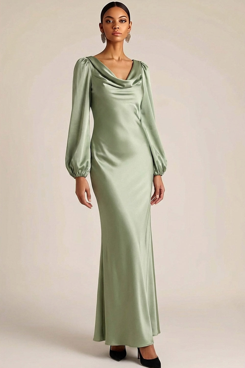 Leely Women Dusty Sage Satin Long Mermaid Wedding Guest Dress Cowl Neck Backless Evening Dress with Long Sleeves