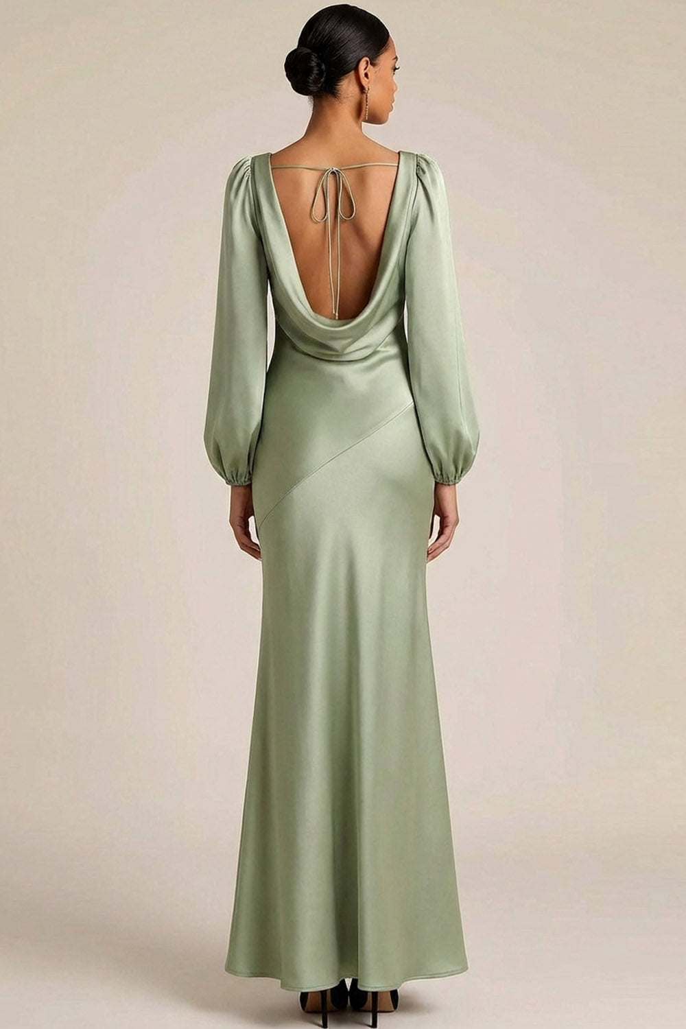 Dusty Sage Satin Cowl Neck Long Mermaid Wedding Guest Dress