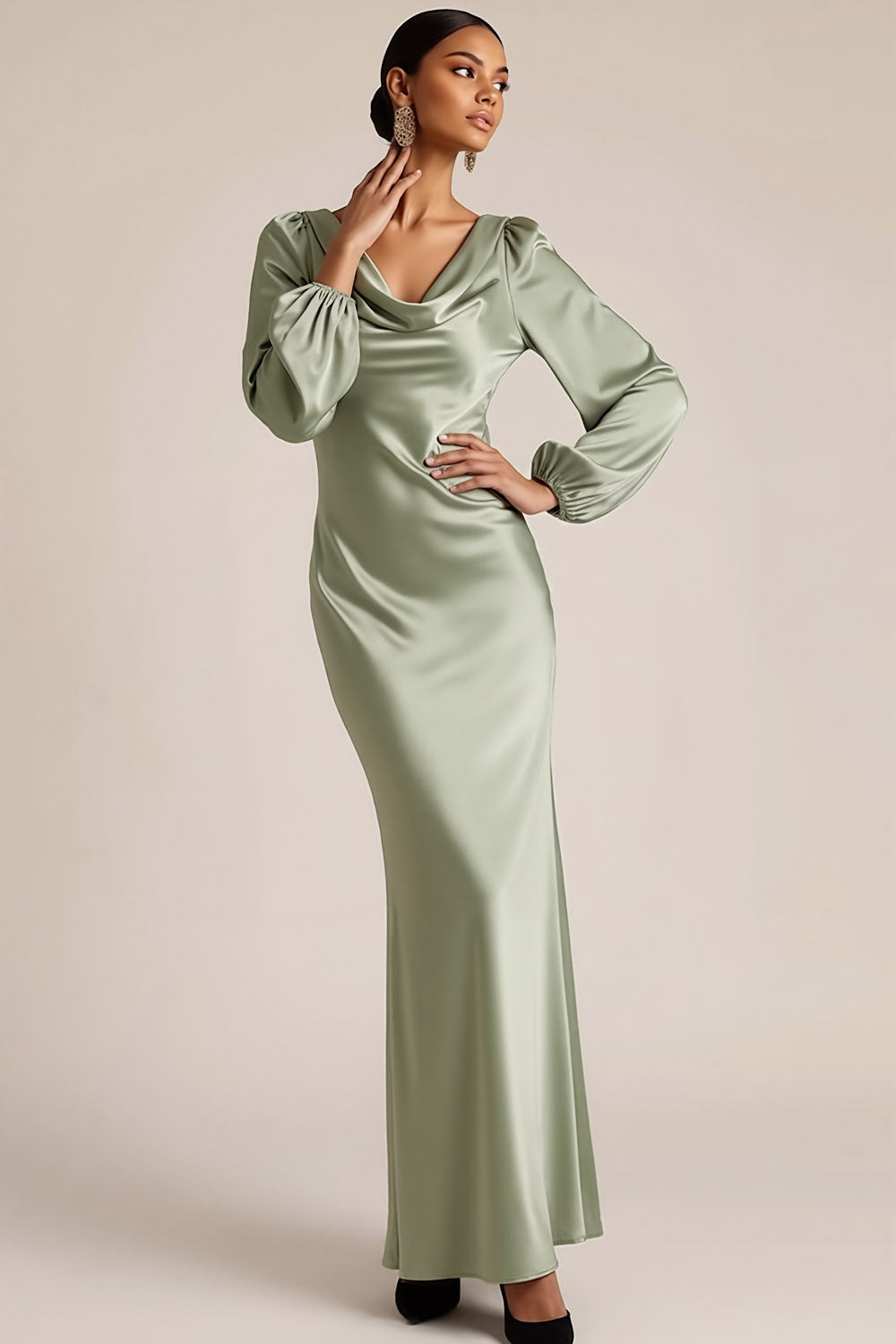 Dusty Sage Satin Cowl Neck Long Mermaid Wedding Guest Dress