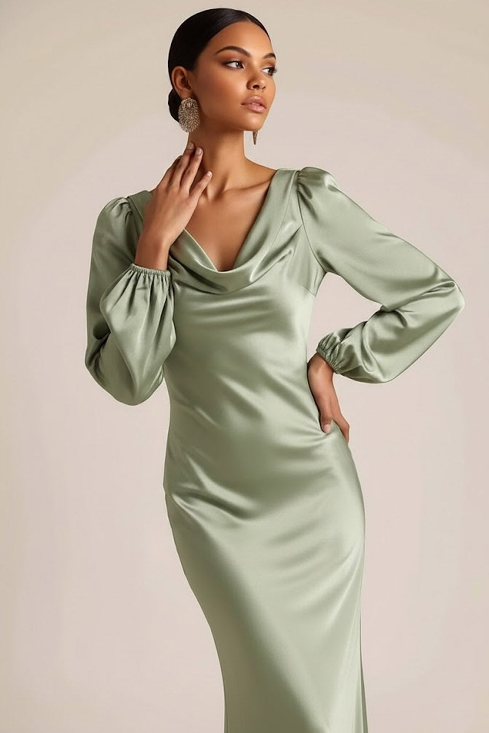 Dusty Sage Satin Cowl Neck Long Mermaid Wedding Guest Dress