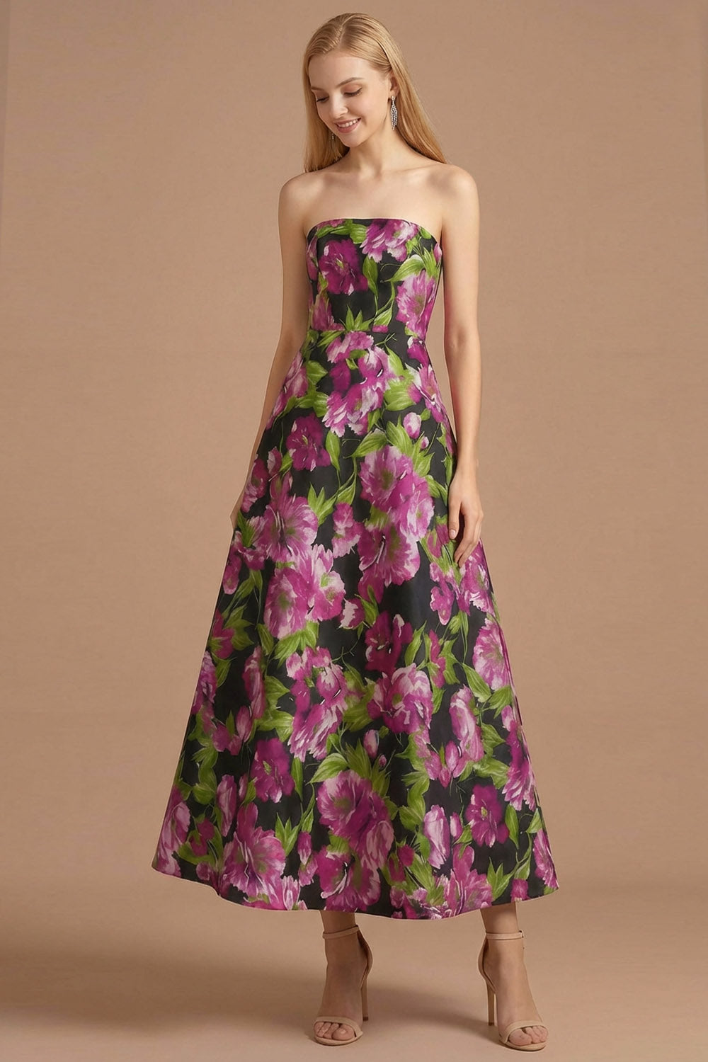 Black Floral A Line Strapless Backless Long Formal Dress