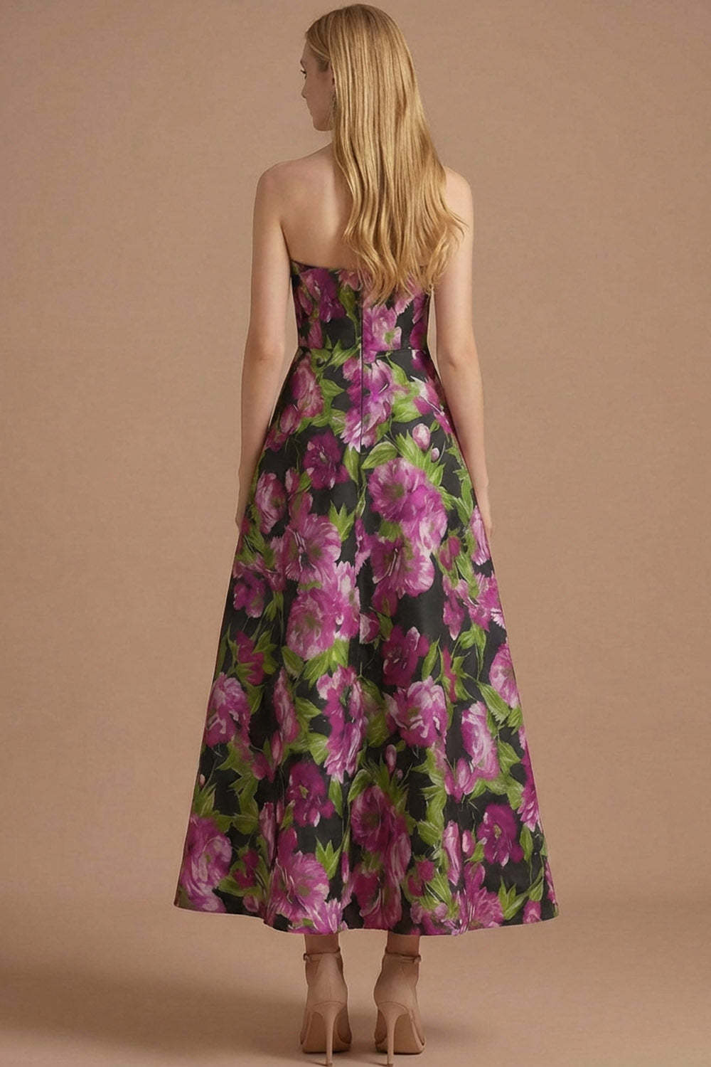 Black Floral A Line Strapless Backless Long Formal Dress