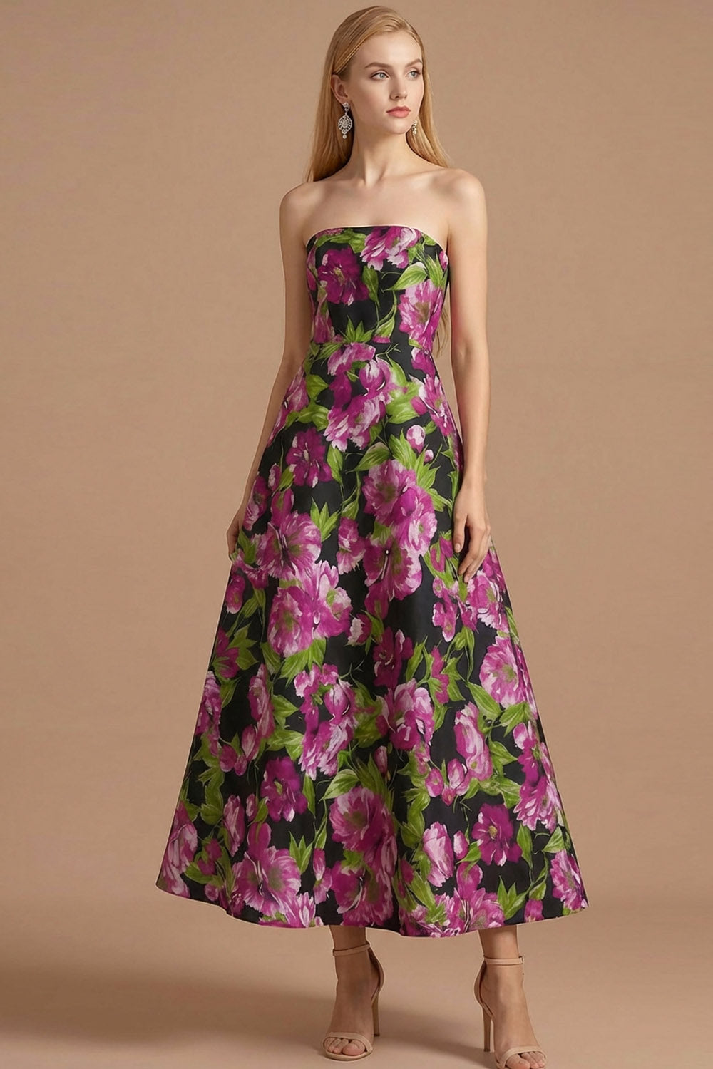 Black Floral A Line Strapless Backless Long Formal Dress