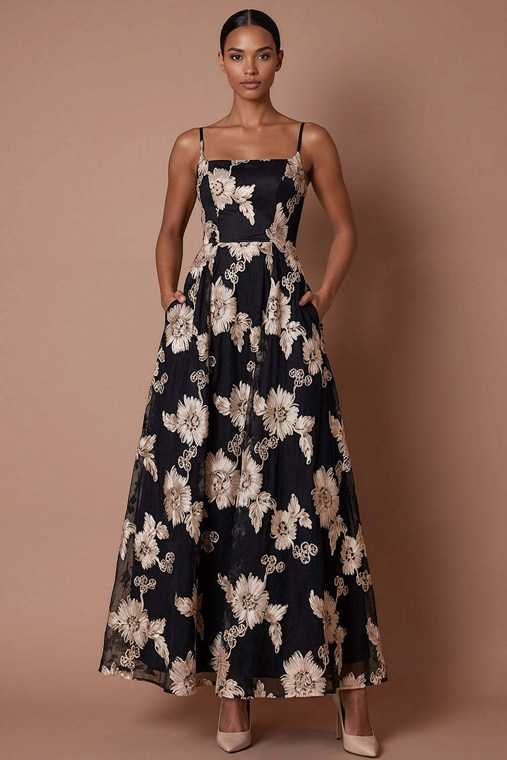 Black Floral A Line Spaghetti Straps Backless Long Formal Dress