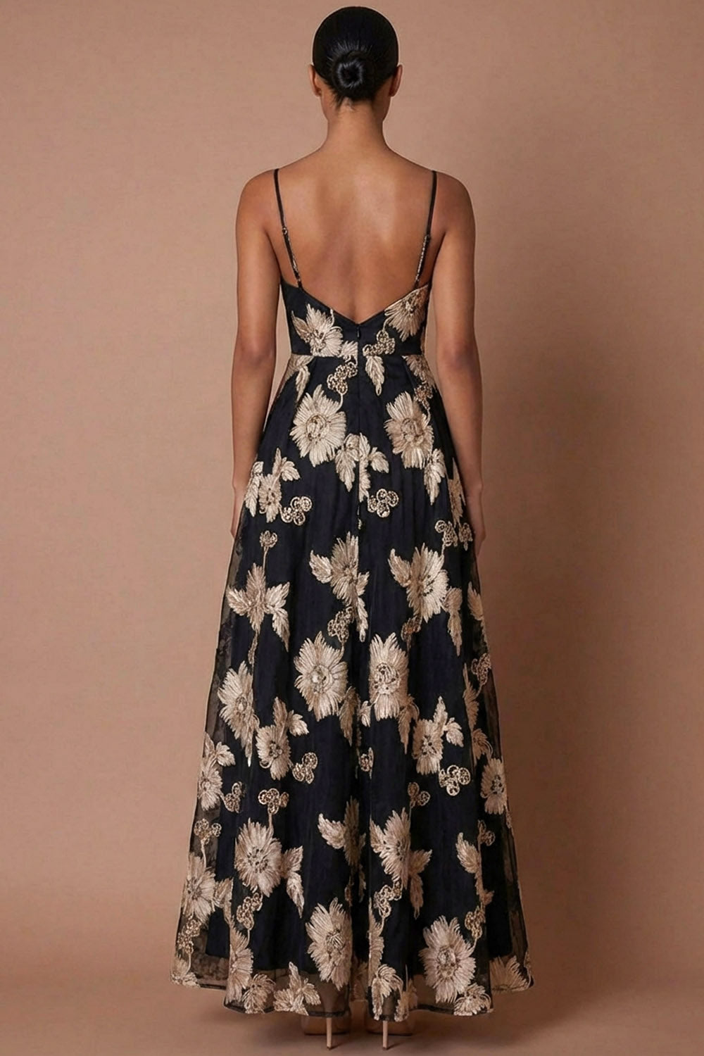 Black Floral A Line Spaghetti Straps Backless Long Formal Dress