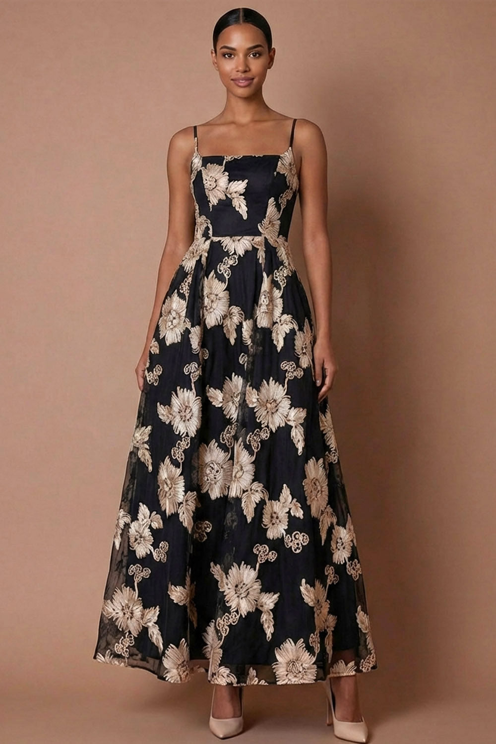 Black Floral A Line Spaghetti Straps Backless Long Formal Dress