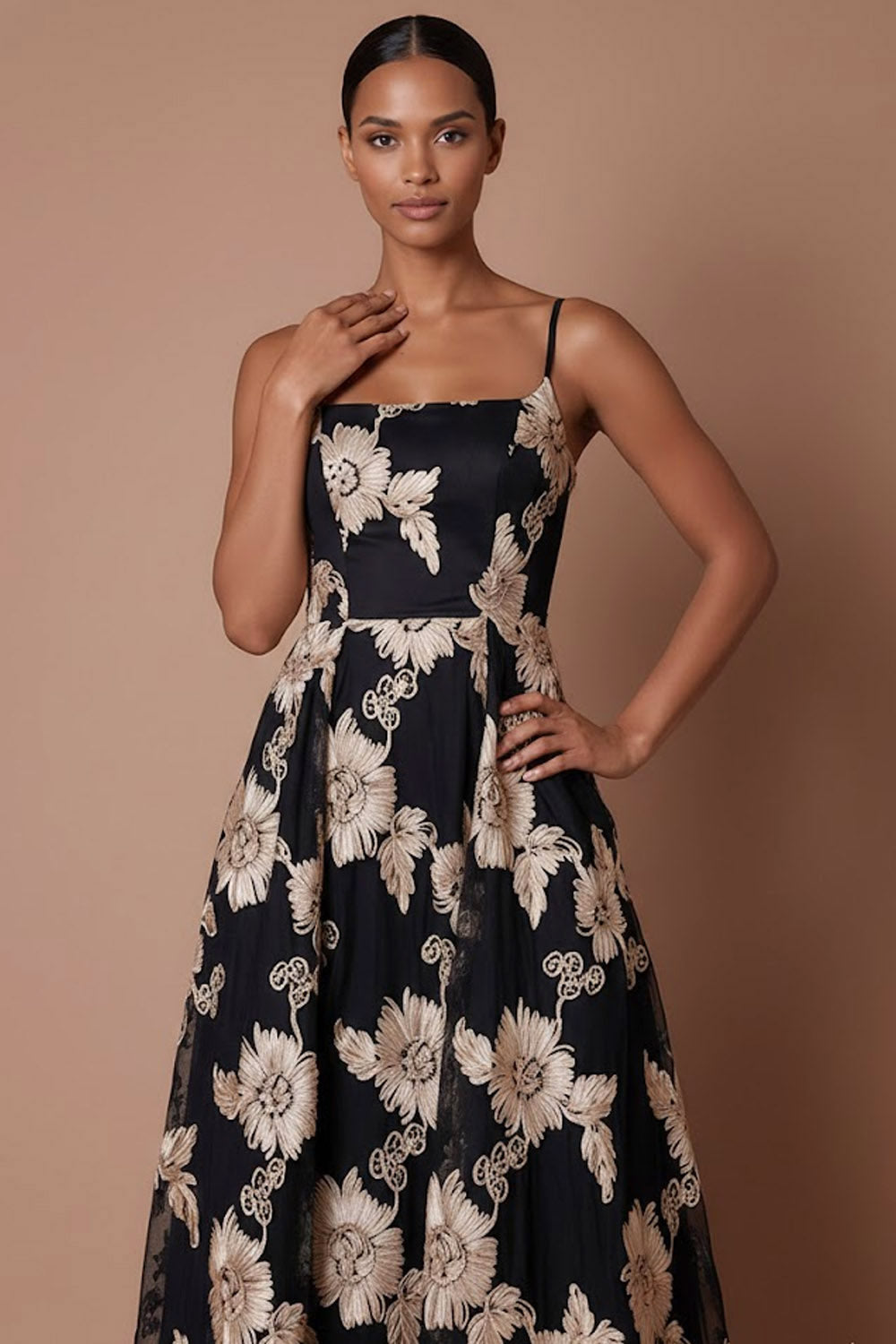Black Floral A Line Spaghetti Straps Backless Long Formal Dress