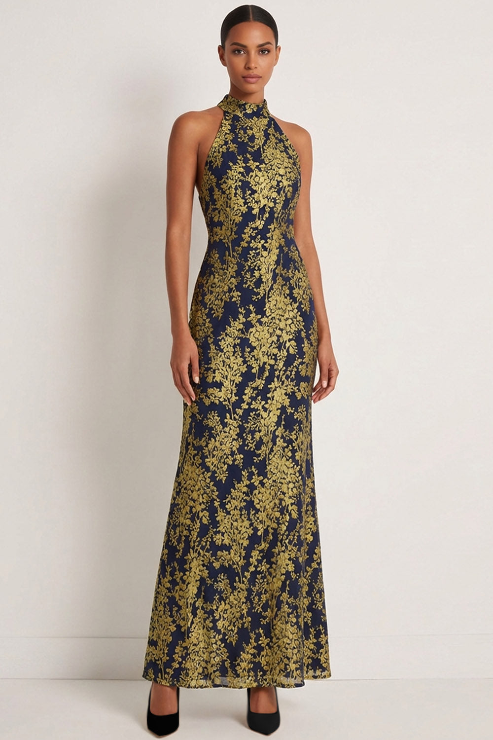 Golden Mermaid Halter Neck Floral Long Formal Dress