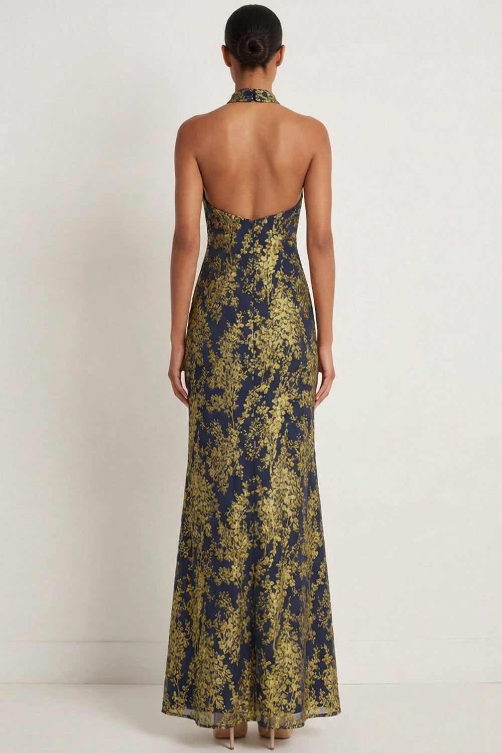 Golden Mermaid Halter Neck Floral Long Formal Dress