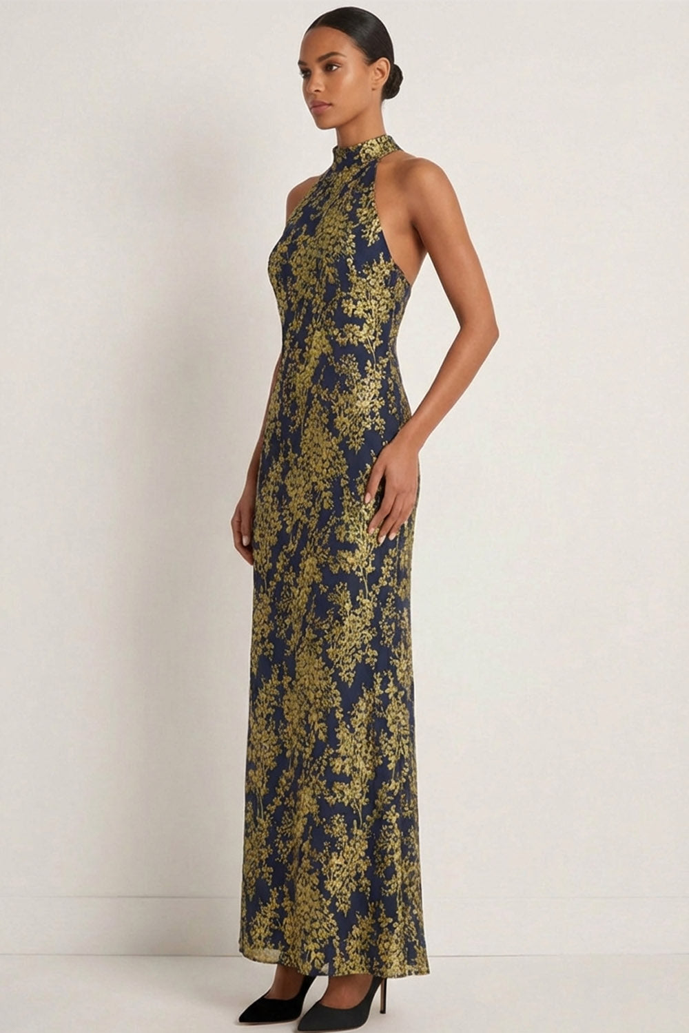 Golden Mermaid Halter Neck Floral Long Formal Dress