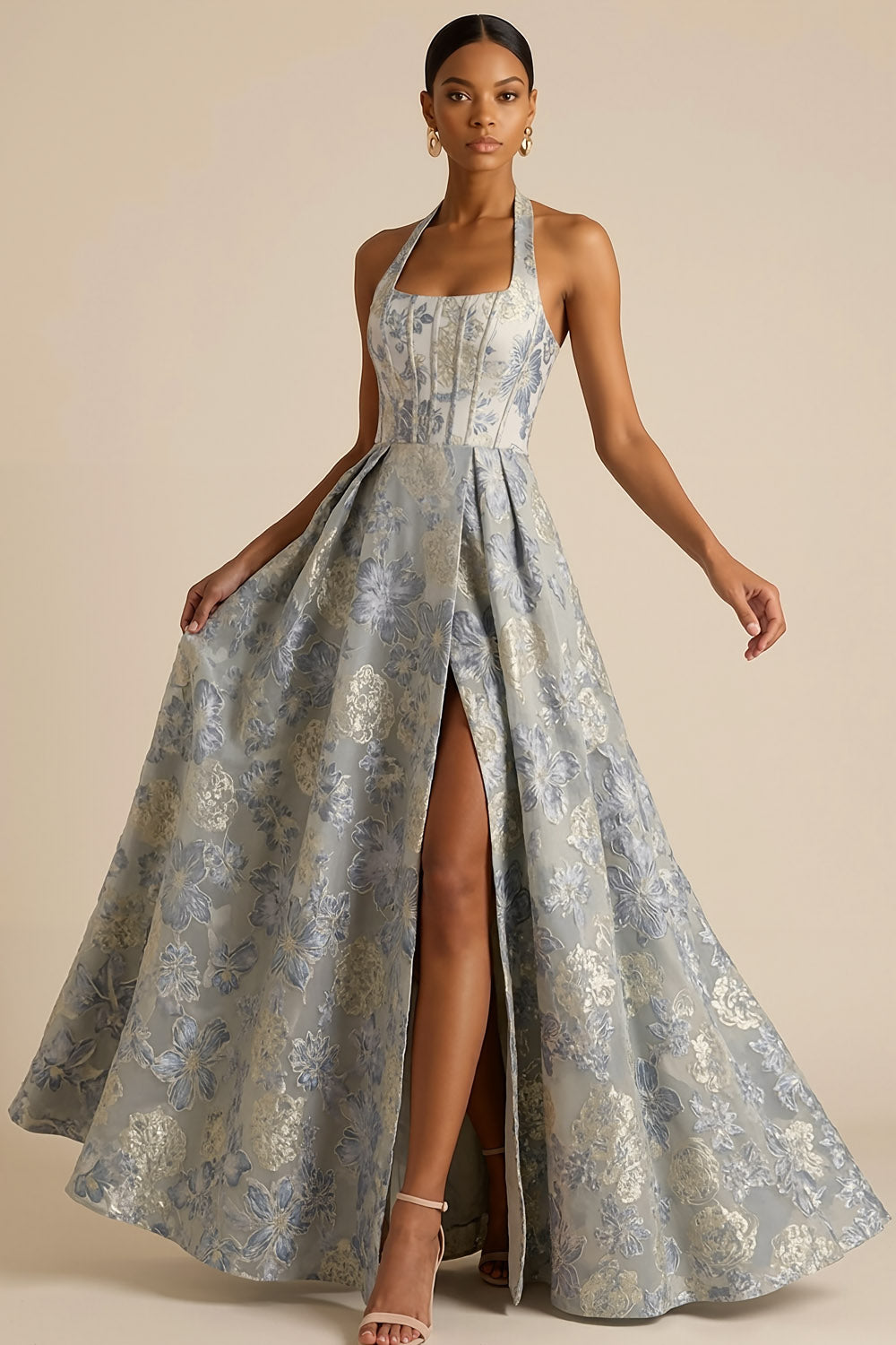 Dusty Blue Floral Jacquard Corset Halter Neck A Line Long Formal Dress with Slit