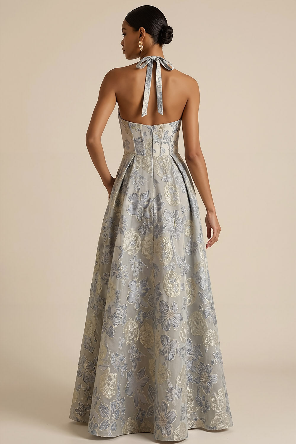 Dusty Blue Floral Jacquard Corset Halter Neck A Line Long Formal Dress with Slit