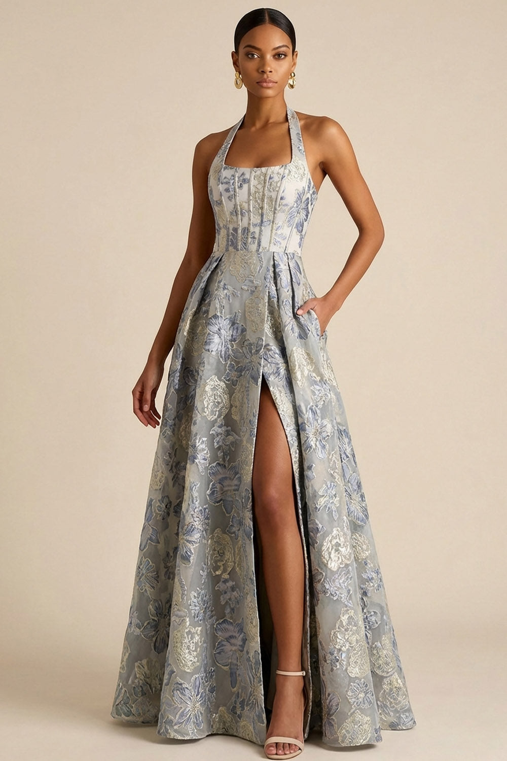 Dusty Blue Floral Jacquard Corset Halter Neck A Line Long Formal Dress with Slit