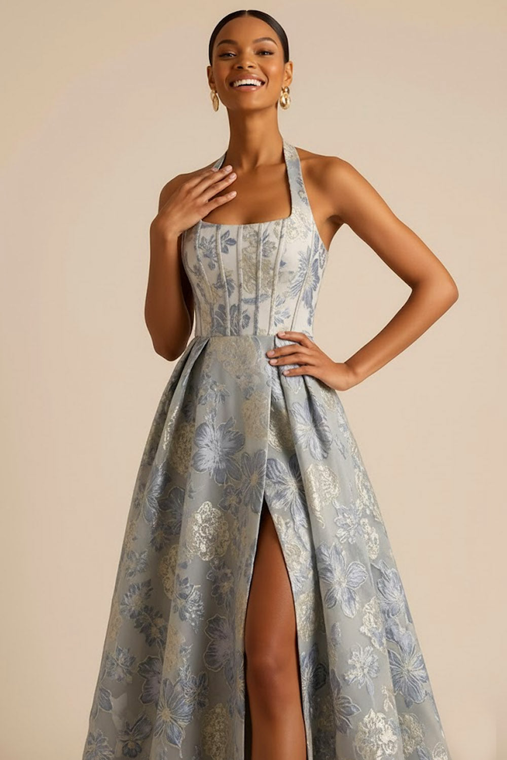 Dusty Blue Floral Jacquard Corset Halter Neck A Line Long Formal Dress with Slit