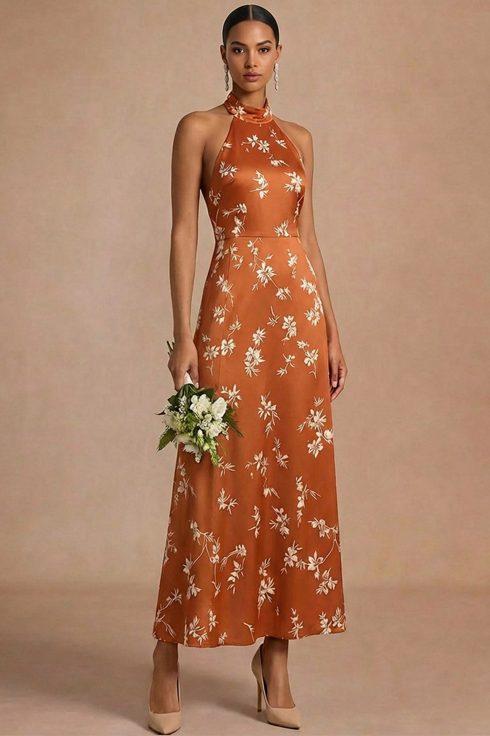 Orange A Line Halter Neck Floral Maxi Formal Dress