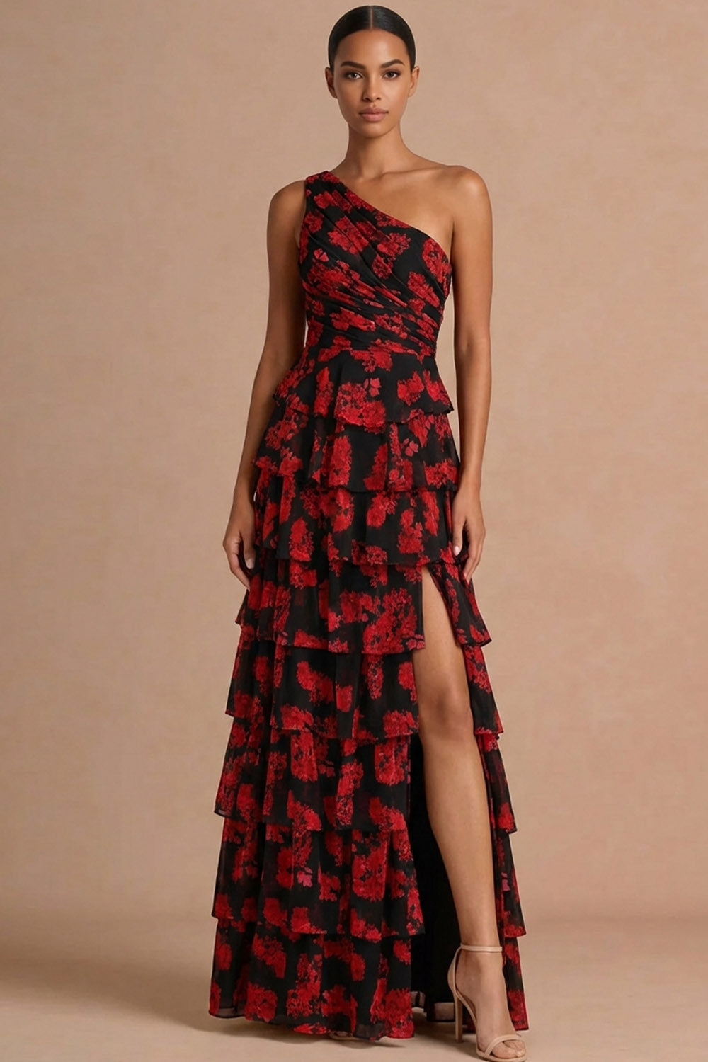 Black Red Floral One Shoulder Ruffled Maxi Formal Dress with Slit