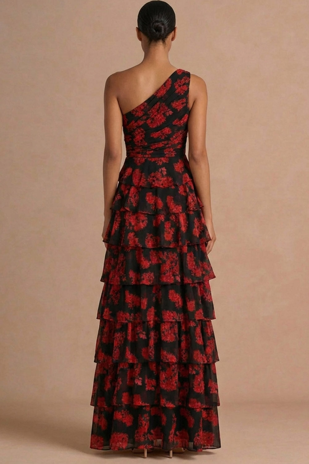 Black Red Floral One Shoulder Ruffled Maxi Formal Dress with Slit