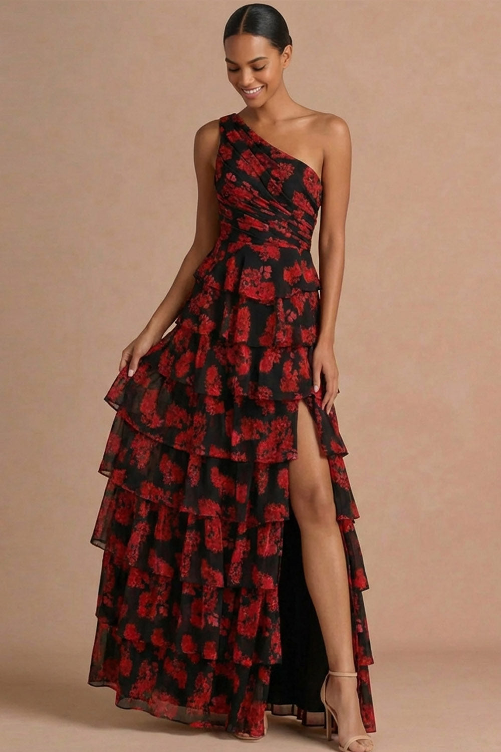 Black Red Floral One Shoulder Ruffled Maxi Formal Dress with Slit