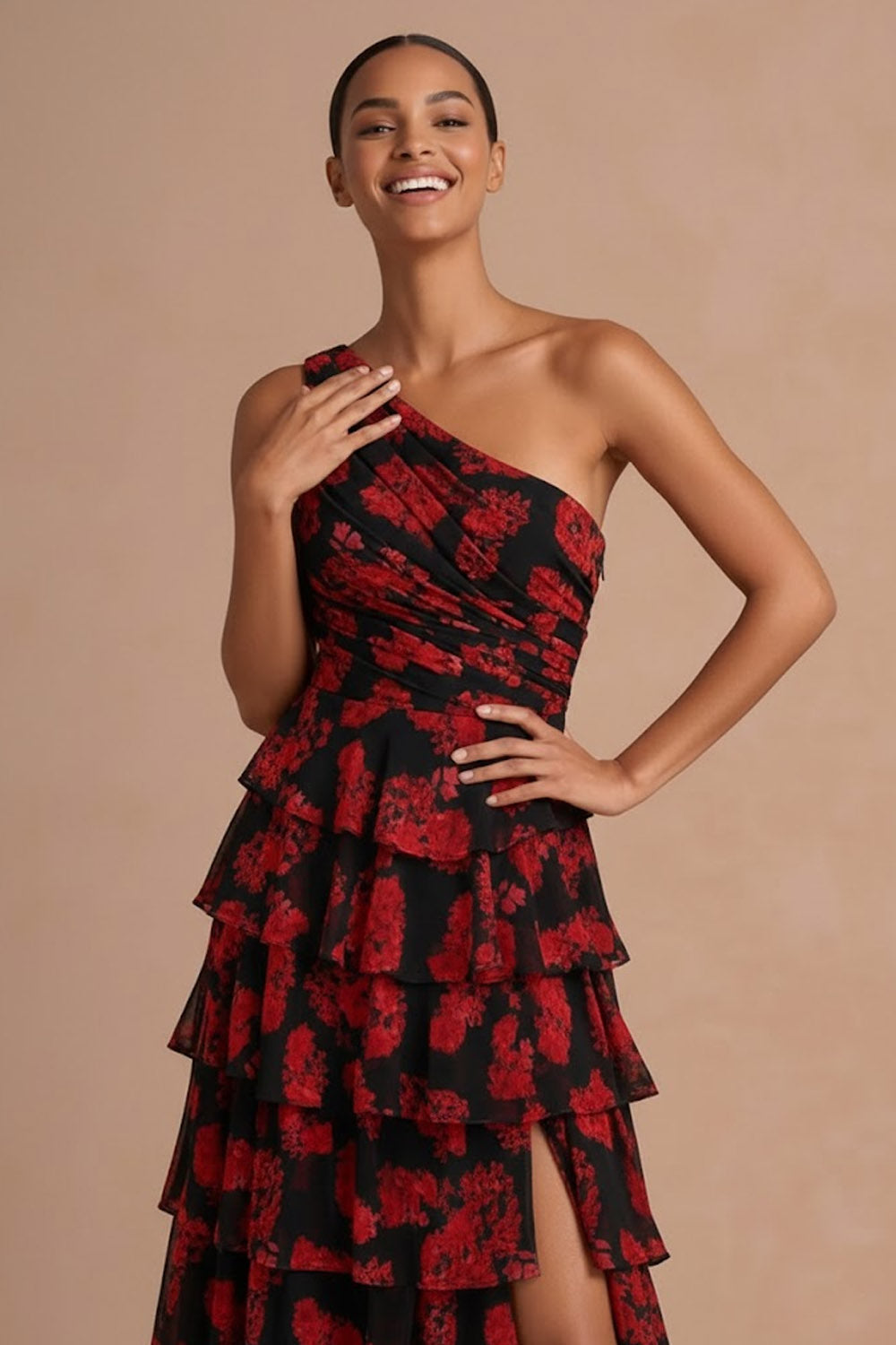 Black Red Floral One Shoulder Ruffled Maxi Formal Dress with Slit