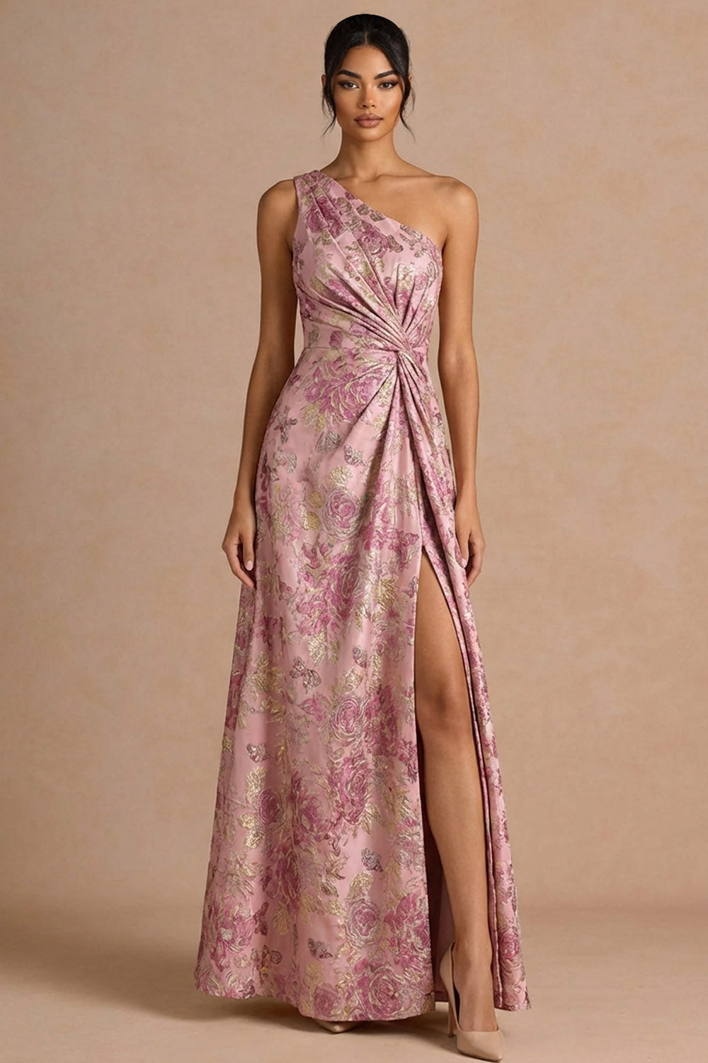 Pink Floral One Shoulder A Line Maxi Formal Dress with Slit