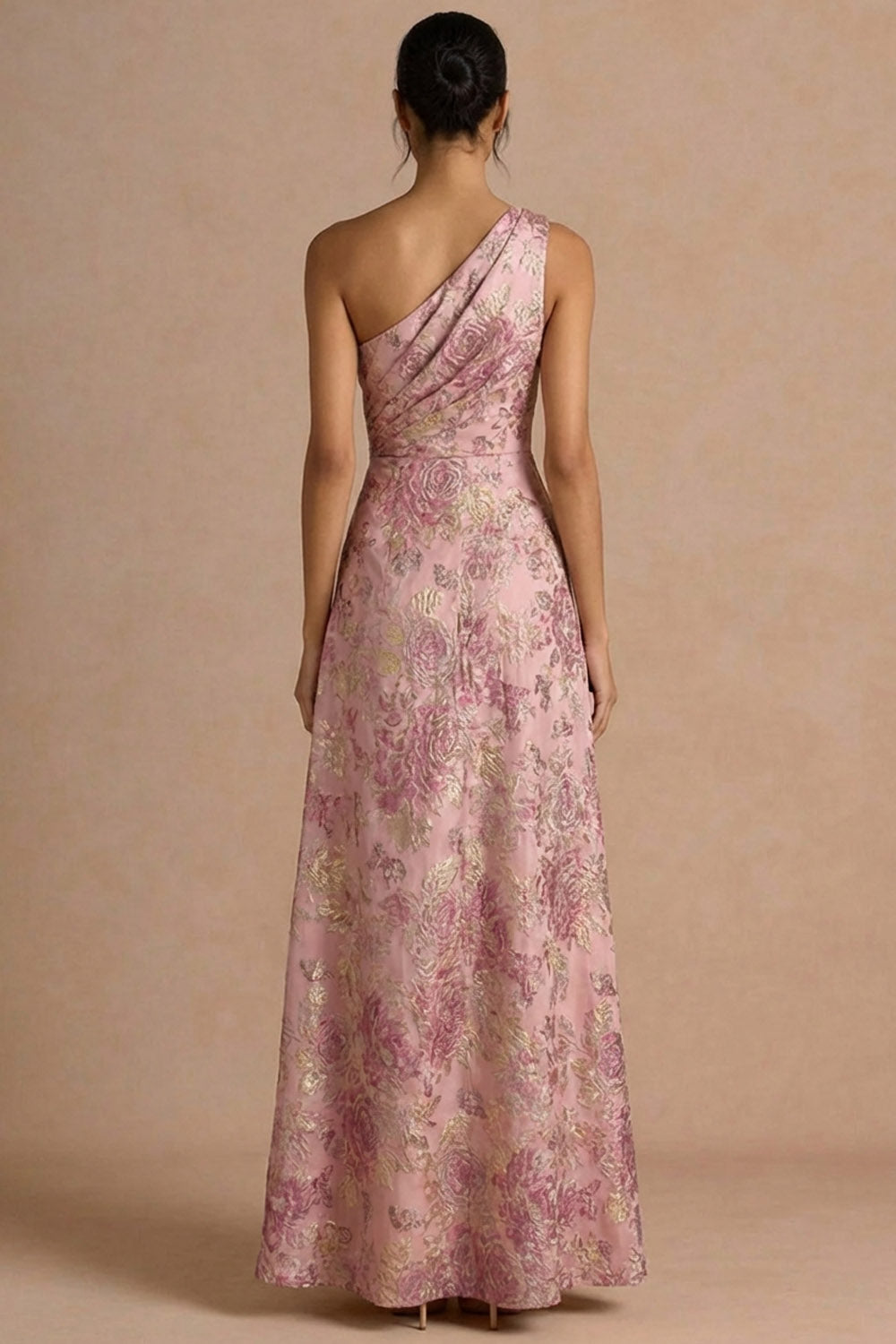 Pink Floral One Shoulder A Line Maxi Formal Dress with Slit
