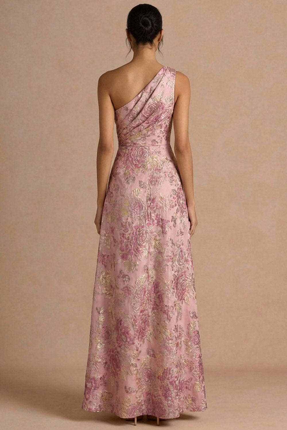 Pink Floral One Shoulder A Line Maxi Formal Dress with Slit