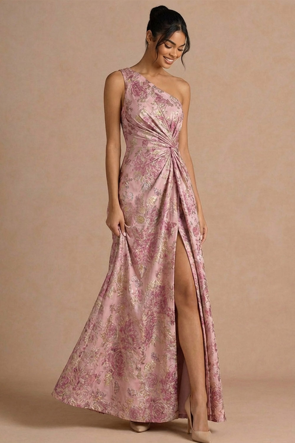 Pink Floral One Shoulder A Line Maxi Formal Dress with Slit