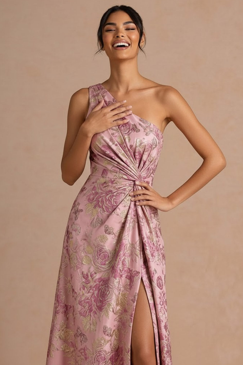 Pink Floral One Shoulder A Line Maxi Formal Dress with Slit