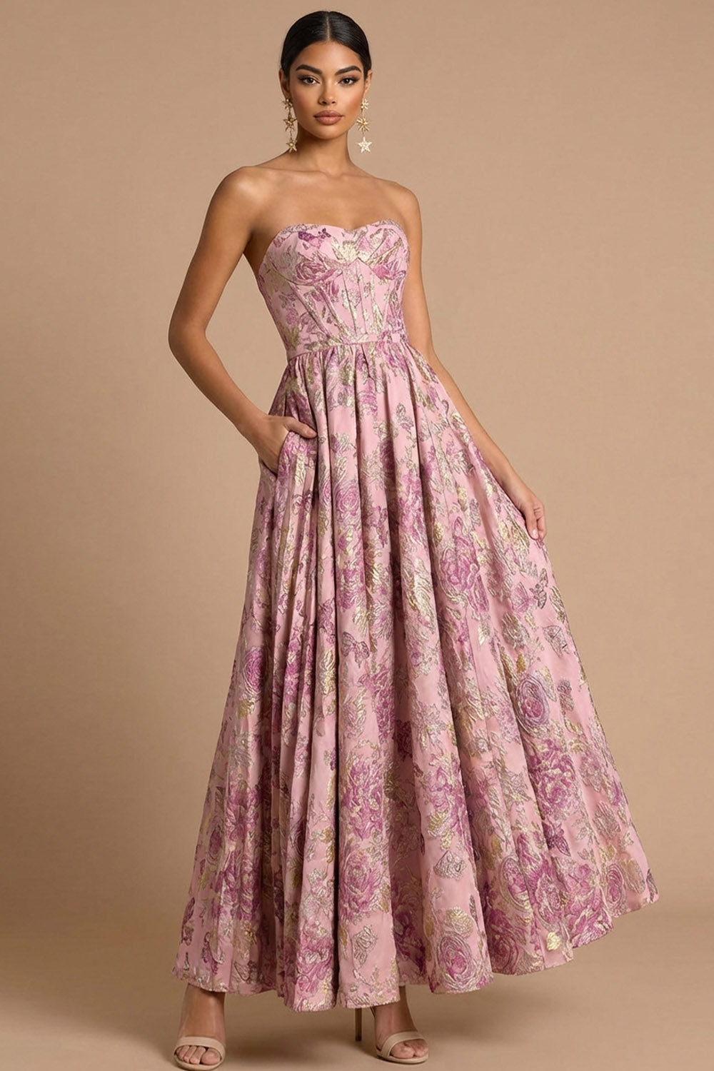 Leely Women Pink Floral Corset A Line Long Wedding Guest Dress Jacquard Backless Sleeveless Prom Dress