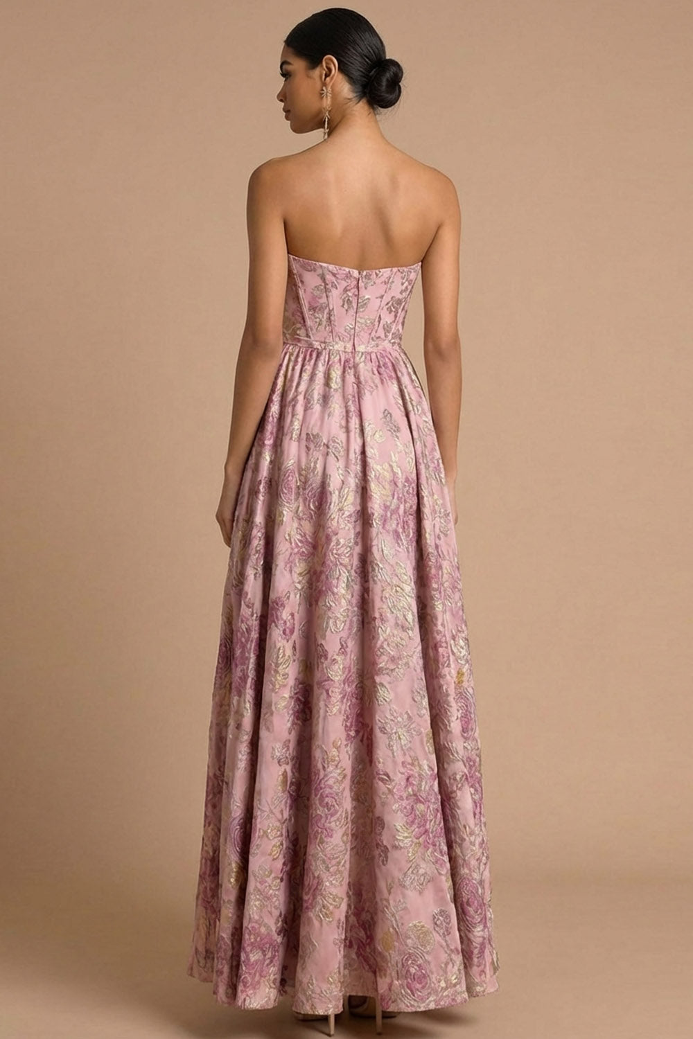 Pink Floral Corset A Line Jacquard Long Wedding Guest Dress