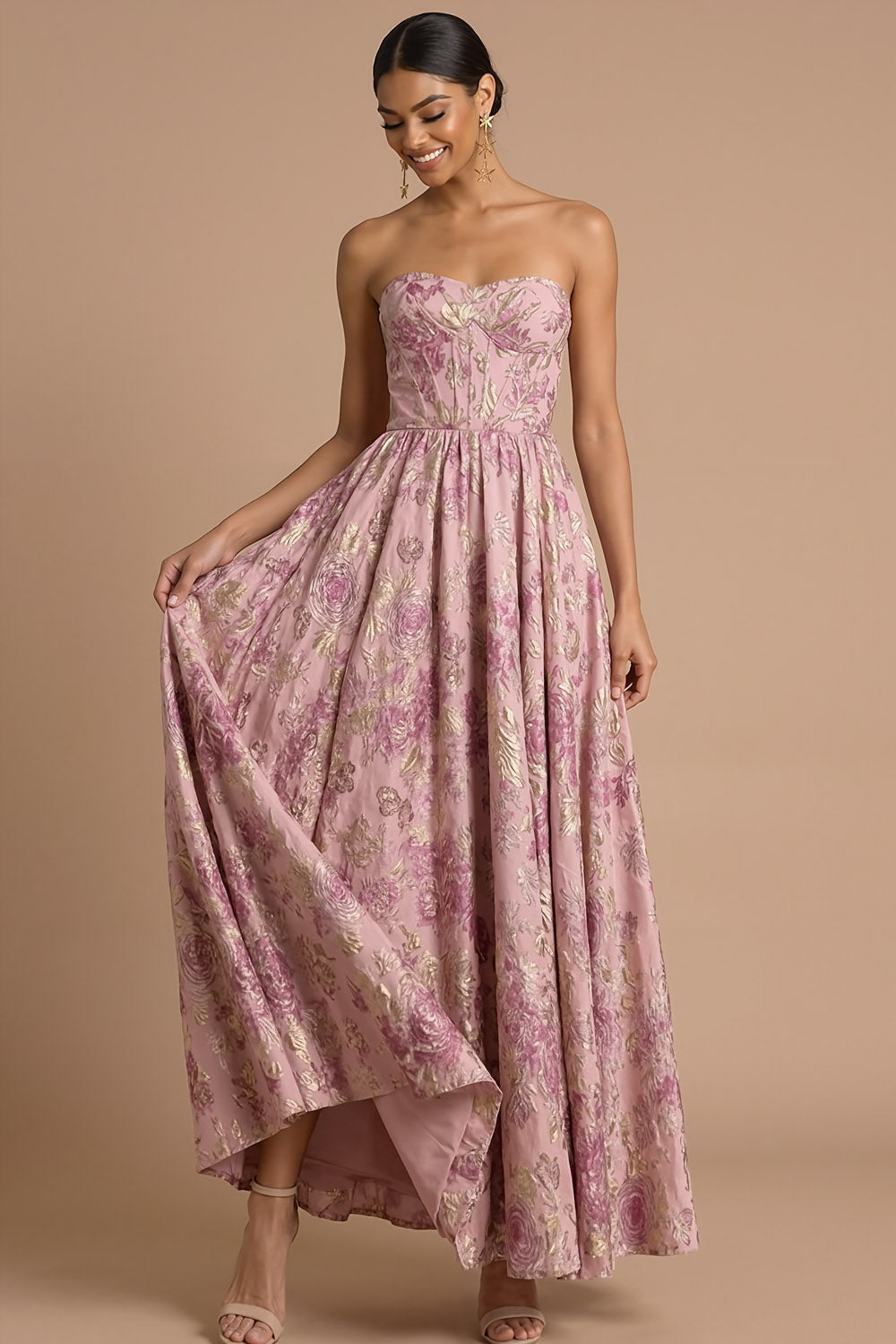 Pink Floral Corset A Line Jacquard Long Wedding Guest Dress