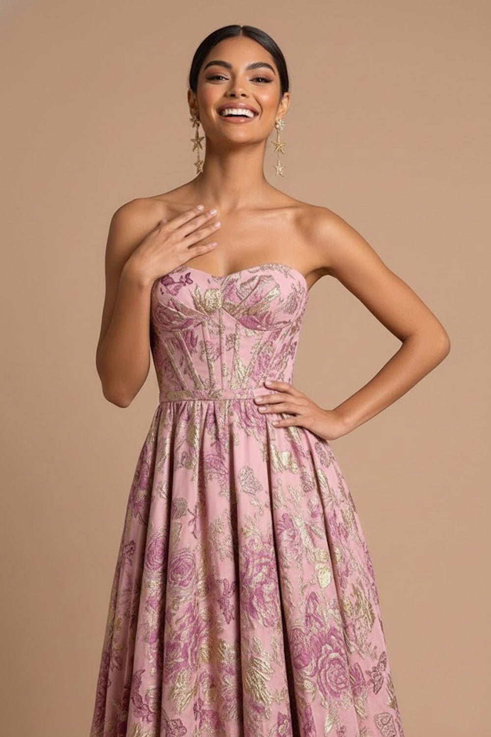 Pink Floral Corset A Line Jacquard Long Wedding Guest Dress