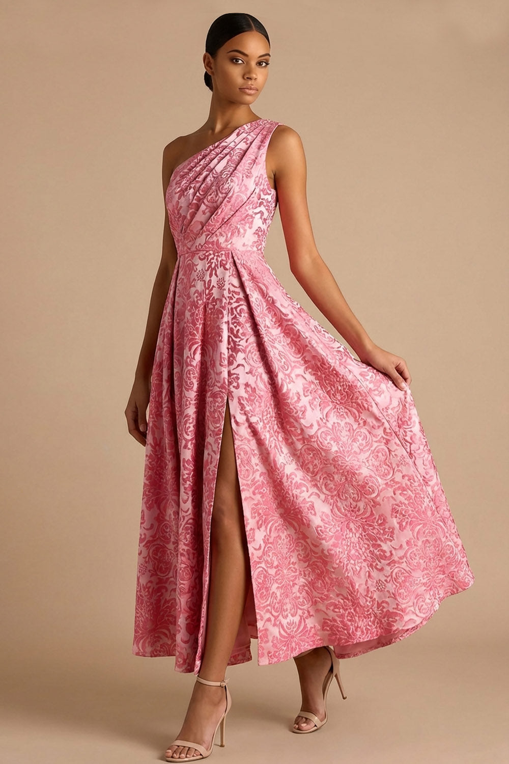 Pink Floral Jacquard A Line Maxi Wedding Guest Dress with Slit