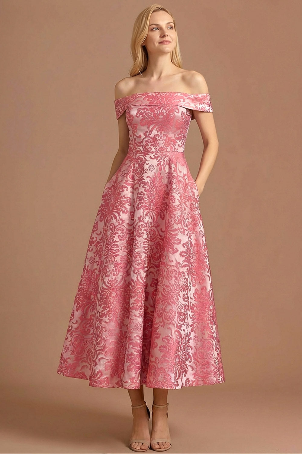 Floral Pink Off the Shoulder A Line Long Wedding Guest Dress