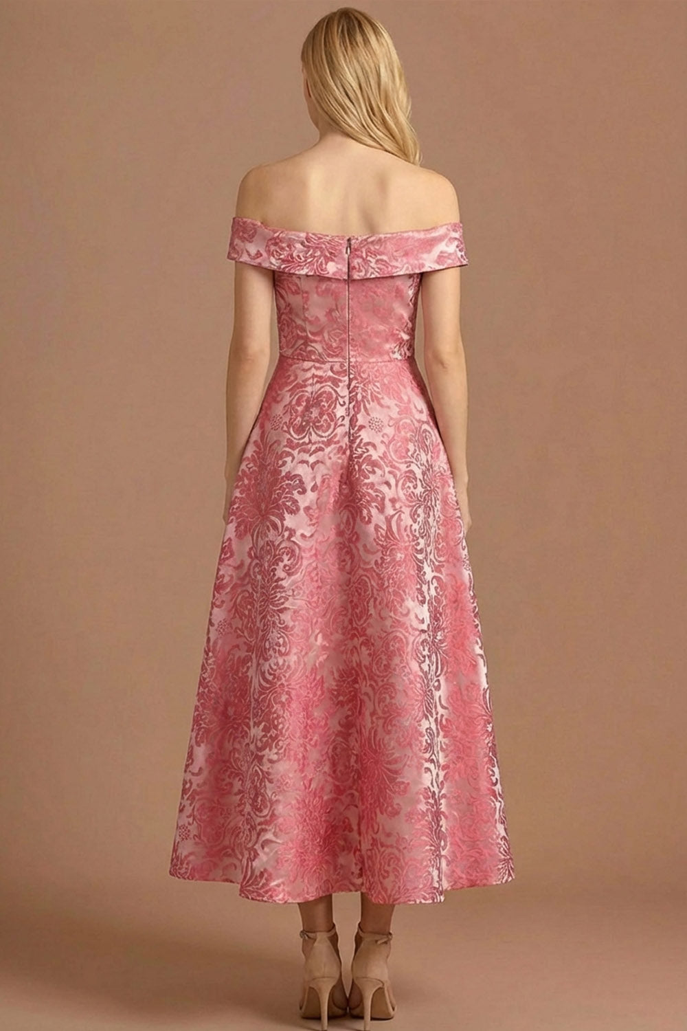 Floral Pink Off the Shoulder A Line Long Wedding Guest Dress