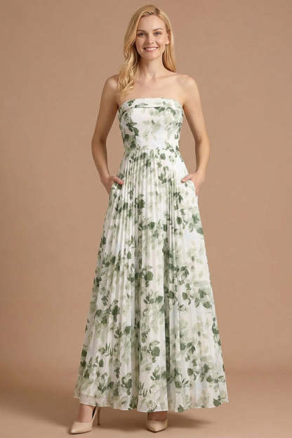Leely Women Floral Green A Line Pleated Long Wedding Guest Dress Strapless Sleeveless Evening Dress