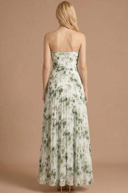 Floral Green A Line Pleated Strapless Sleeveless Long Wedding Guest Dress
