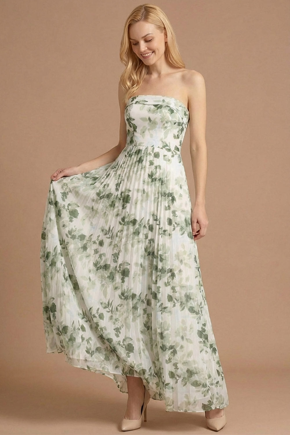 Floral Green A Line Pleated Strapless Sleeveless Long Wedding Guest Dress