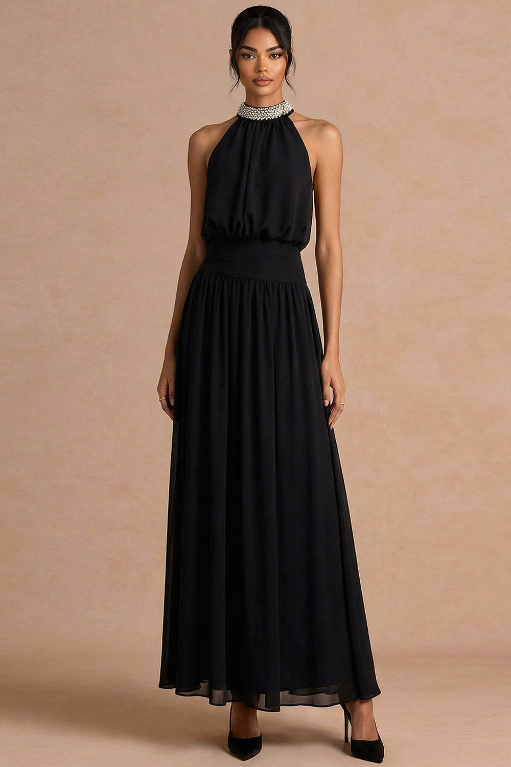 Leely Women Black A Line High Waist Long Formal Dress with Beading Halter Neck Sleeveless Black Tie Dress