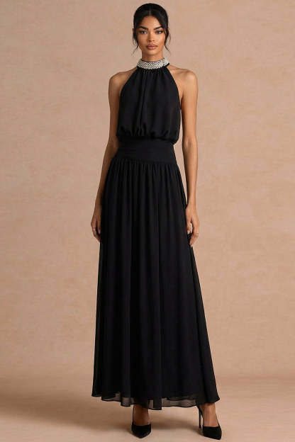 Leely Women Black A Line High Waist Long Formal Dress with Beading Halter Neck Sleeveless Black Tie Dress