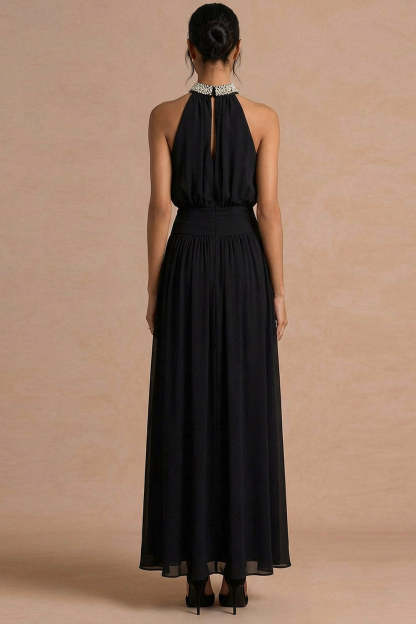 Black A Line Halter Neck High Waist Long Formal Dress with Beading
