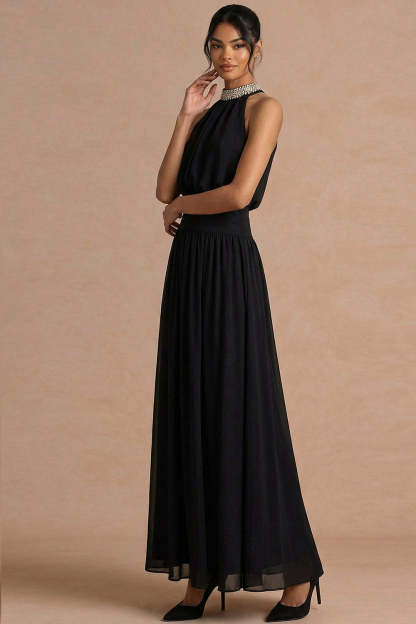Black A Line Halter Neck High Waist Long Formal Dress with Beading