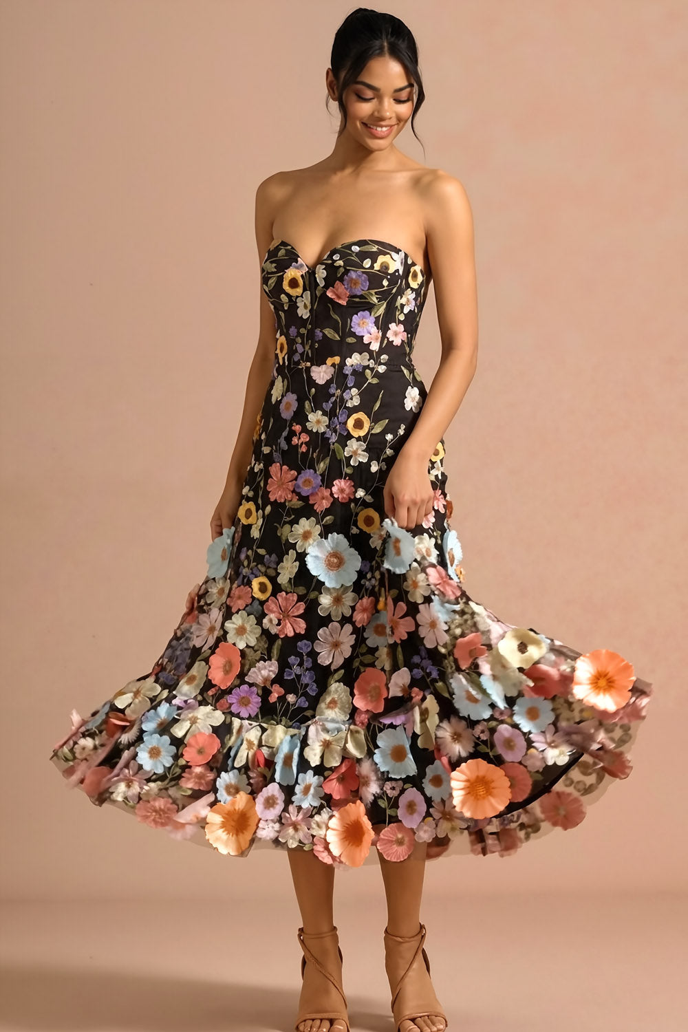 Black A Line Sweetheart Floral Maxi Wedding Guest Dress