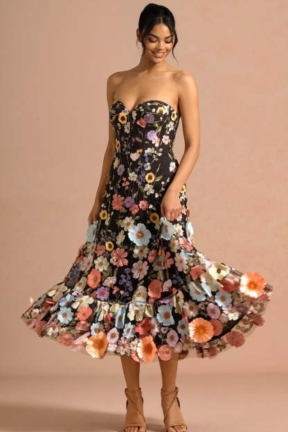 Leely Women Black Sweetheart Floral Maxi Wedding Guest Dress Sleeveless Backless A Line Applique Prom Dress