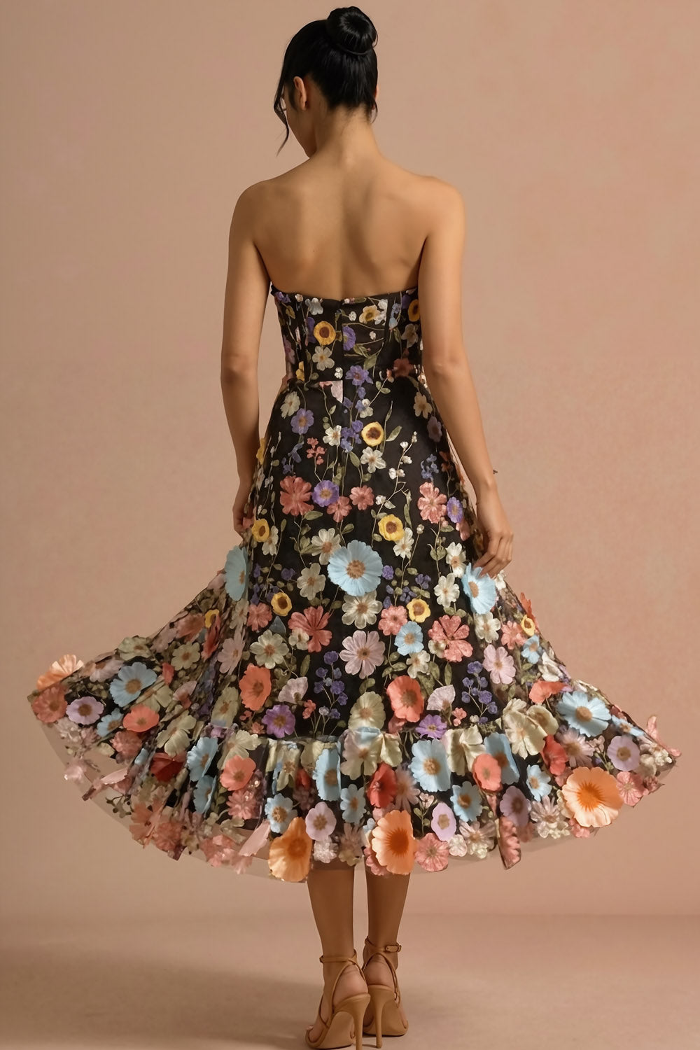 Black A Line Sweetheart Floral Maxi Wedding Guest Dress