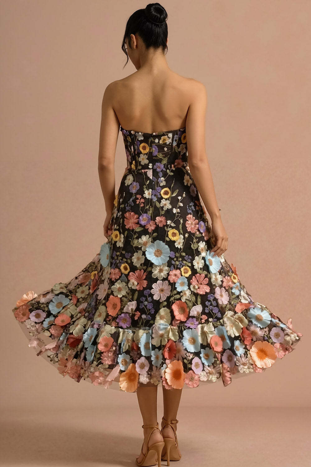 Black A Line Sweetheart Floral Maxi Wedding Guest Dress