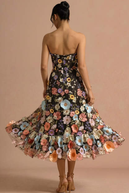 Black A Line Sweetheart Floral Maxi Wedding Guest Dress