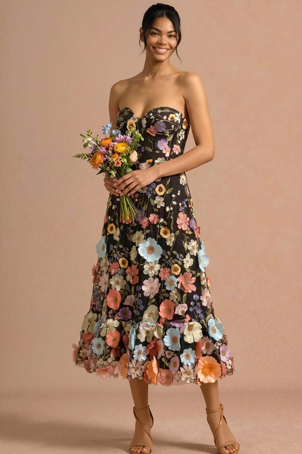 Black A Line Sweetheart Floral Maxi Wedding Guest Dress